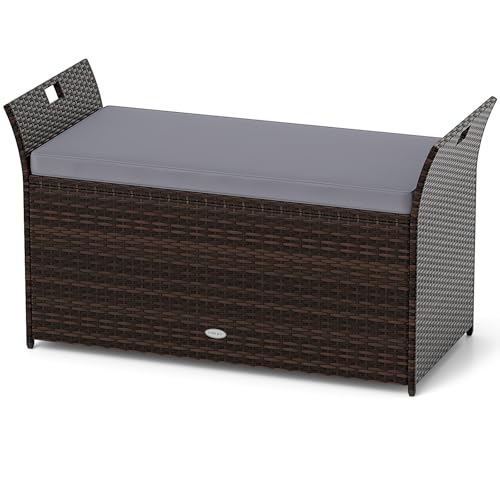 COSTWAY 260L Garden Storage Box, 2-In-1 Outdoor Rattan Deck Box Chest Container with Seat Cushion, Pneumatic Rods & Cut-Out Handles, Patio Storage Bench for Cushion Tool Toy