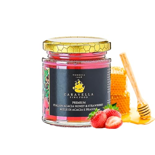 Miel de Acacia con Fresa 250 g Caravella Fine Food | Aroma afrutado Suave Sedoso y ligero Sabor jugoso | Ideal para Desayunos Postres Croissants Panqueques Granola con Quesos Pasteles Tés y Cócteles
