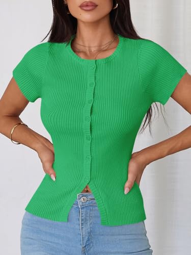 Image of Imily Bela Womens Short Sleeve Y2K Summer Tops Button Down Tshirt Ribbed Knit Slim Fit Sweater Cropped Cardigan