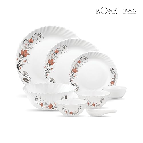 Image of La Opala Novo Collection Opal Glass Crockery | for Family of 6 | Dinner Set 35 pcs Scarlet Blooms | Plates & Bowls for Dining | Microwave Safe | 100% Vegetarian | Extra Strong | Light & White