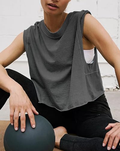 Image of HUGOOME Women Workout Tank Tops Oversized Crop Sleeveless Tee Loose Fit Boxy Basic Yoga Active Summer T Shirts Gym 2026
