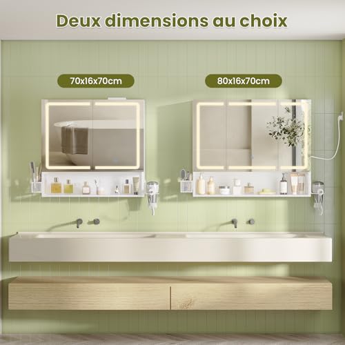 FORABAMB Armario Espejo Baño, Armario baño Pared con iluminación LED y Estación de Carga, Mueble Baño con Cesta de Almacenamiento y Estante Interior Ajustable, Tres Temperaturas de Color, 80x16x70 cm - imagen 8