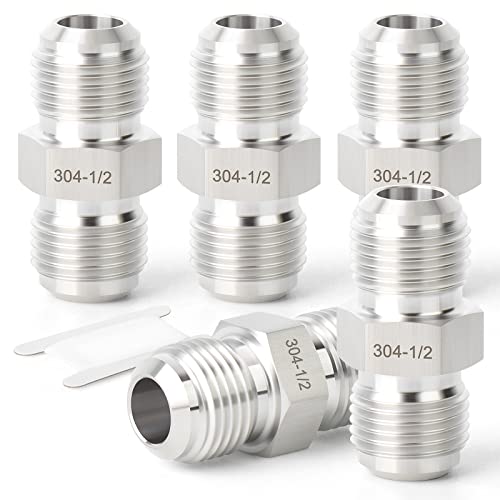 Image of TAISHER 5PCS Forging of 304 Stainless Steel Tube Flare Fittings, 1 /2 inch Male Flare x 1 /2 inch Male Flare, Union