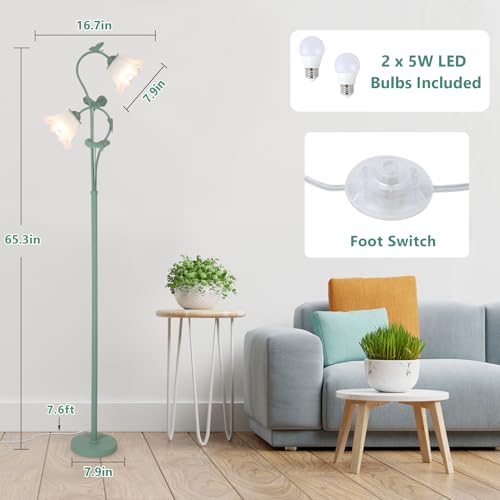 Image of HMVPL Flower Floor Lamp for Living Room, Vintage Floor Lamp with 2 LED 5W Blubs, Foot Switch, Green Standing Lamp with Acrylic Shade, Unique Floral Tall Lamp for Living Room Bedroom Corner Office