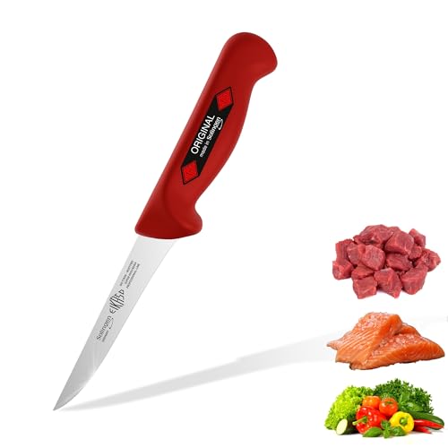 EIKASO Solingen Ausbeinmesser gerade 13cm Klinge steif aus Molybdänstahl 1.4116 Profi Fleischmesser Filetiermesser Schlachtermesser handabgezogen und eisgehärtet spülmaschinengeeignet (Rot, 13cm)