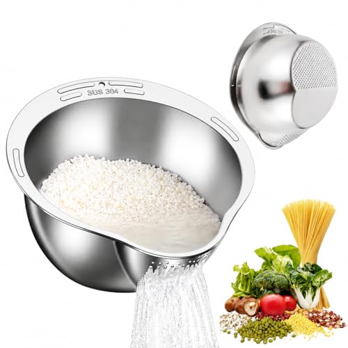 Rice Washing Bowl 304 Stainless Steel Rice Washer with Built-in Strainer Multi-Purpose Kitchen Colander for Quinoa Vegetables & Pasta Durable Rust-Resistant Easy to Clean