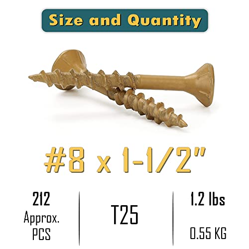 Wellocks DS8112A1 Deck Screws #8×1-1/2 Inch 1.2Lbs Box Approx 212 Pcs Tan Color Torx Drive T25 Bit Included Above 1000 Hour Salt Spray Coating Wood Screws Excellent Rust Resistant thumb #1