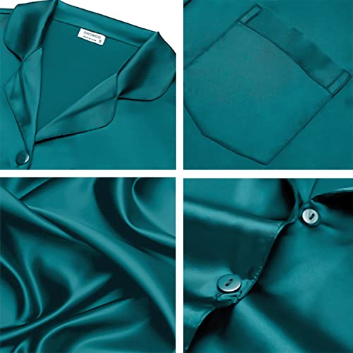Image of SWOMOG Long Sleeve Pajamas Set Silk Satin Sleepwear Button Down Pjs Loungewear with Pocket Light Green X-Large