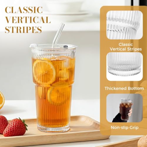 Image of FUNKYFINDS Coffee Glass Mug Sipper with Straw and Lid 2 pcs -600ml -for Smoothie, Water, Juice, Drinks, Lemon Soda, Beer Drinking Glasses, Iced Coffee and Tea Cups with Straw