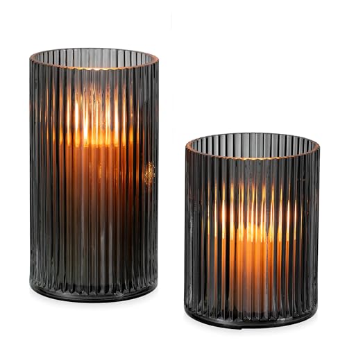Glasseam Hurricane Glass Candle Holders: 2 Pcs Ribbed Cylinder Vases for Centerpieces Grey Pillar Candle Holder for Floating Candles Modern Home Decor Wedding Table 4.72+6.63 Height