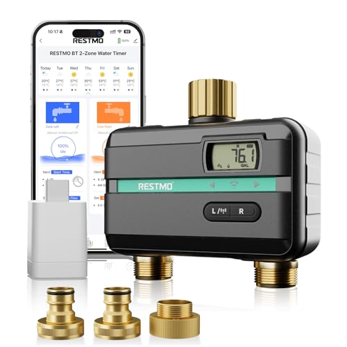 RESTMO Bewässerungscomputer mit integriertem Bluetooth+Wi-Fi Chip und App-Steuerung, automatisch/manuell/Regenverzögerung, Bewässerungstimer für Gartenschlauch, Außenwasserhahn, Rasen