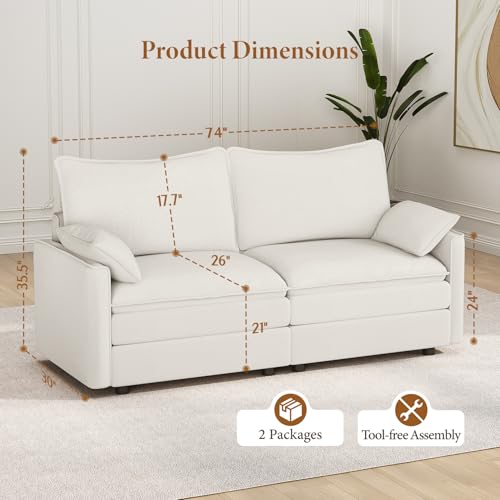 Image of Vesgantti 74 inch Loveseat Sofa for Living Room, Comfy Cloud Couch Deep Seat Chenille Modern 2 Seater Small Sofa with Armrest Pillow, Easy Assembly for Small Spaces, Snow White