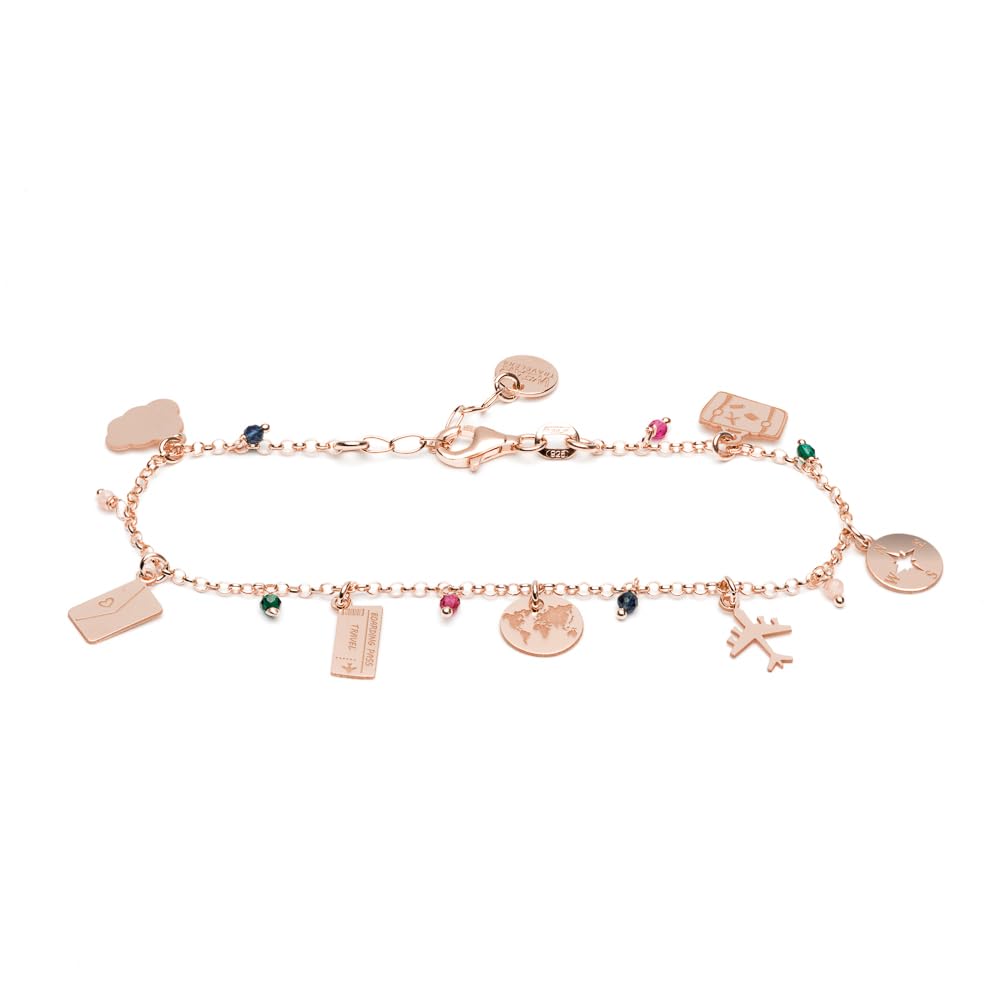 Pulsera temática de Viaje en Plata de Ley 925 con colgantes de maleta, mundo y avión - Idea de Regalo para la Mujer viajera - Made in Italy - Modelo Mumbai