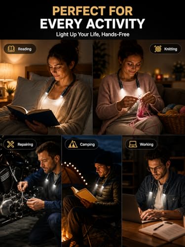 Image of LUXJET Rechargeable Neck Light for Knitting & Crochet - Book Lights for Reading in Bed - 3 Color Modes, Dimmable, Eye-Care LED, Hands-Free Neck Light for Repairs