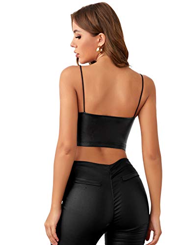 SOLY HUX Women's PU Leather V Neck Spaghetti Strap Cami Crop Top Black S - Image 3