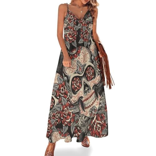 Robe maxi pour voyages et plage à motif crâne floral bohème