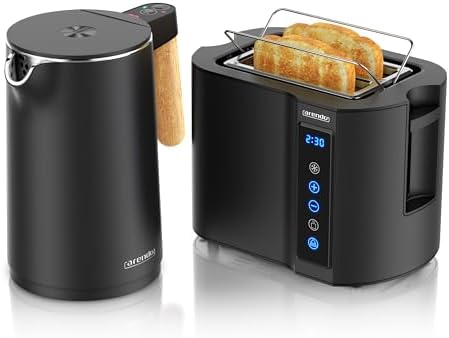 Arendo - Wasserkocher Toaster SET - Edelstahl - Wasserkocher mit Temrpatureinstellung - 45-100 Grad - Warmhaltefunktion - Toaster 2 Scheiben mit Touch Display - mit Brötchaufsatz -