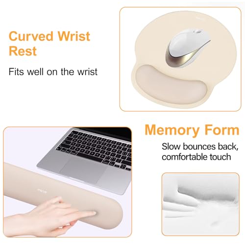 Image of MOSISO Wrist Rest Support for Mouse Pad&Keyboard Set, Circle Curved Ergonomic Mousepad&Coaster Non-Slip Base Home /Office Pain Relief&Easy Typing Pad with Soft Cloth&Silicone Lining, Apricot