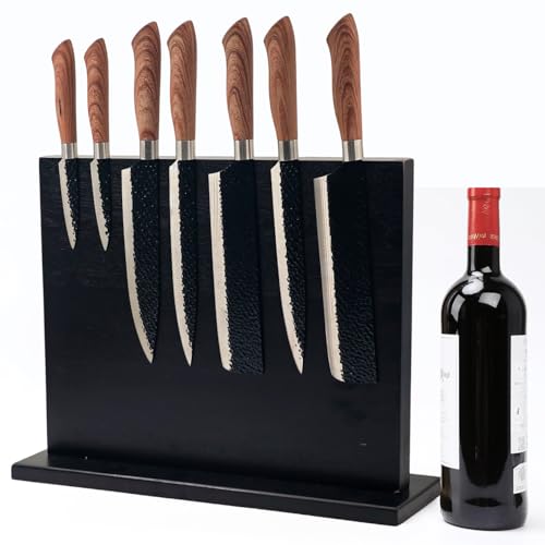 Resafy Magnetic Knife Holder-16X12 Inches Double Side Acacia Black Wooden Knife Block Rack Universal Stands with Strong Enhanced Magnets Strip for Kitchen Counter,Large Organizer Without Knives