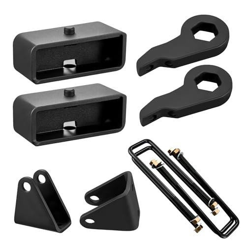 EVIL ENERGY 1-3' Front and 2' Rear Leveling Lift Kit Compatible with 2001-2010 Chevy Silverado 2500HD GMC Sierra 2500HD, Suspension Strut Spacers, Torsion Bar Keys with Shock Extenders Brackets Black