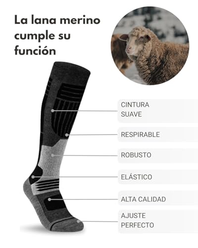 sockenkauf24 Calcetines Esquí para Hombre Lana Merino 2 Pares 43-46 Negro - imagen 3