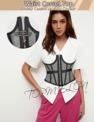 Topmelon Zip Up Corset Underbust Mesh Corset Top Cupless Lace Up Corset Underwire Sheer Waist Cincher Lingerie Corset Open Cup Bustier Corset Black Large #TOP2