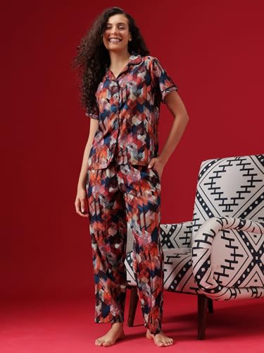 Image of Clovia Women's Cotton Printed Button Down Shirt & Pyjama Night Suit Set