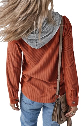 Womens Long Sleeve Button Down Shirt Corduroy Shacket Jacket Casual Fall Solid Short Hooded Coats3