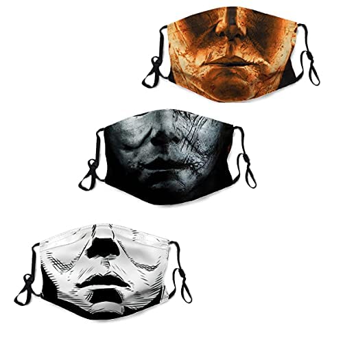 Men Women's 3Pcs Halloween Face Mask Washable Michael Myers Face Mask with Adjustable EarLoops Halloween Bandana Balaclava Mouth Cover -11