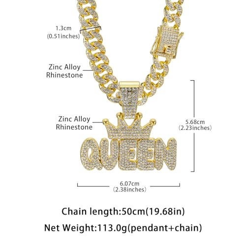 Unisex Adult Queen Alphabet Hip Hop Cuban Chain Necklace, 19.6 Inches, Gold Plated Stainless Steel, Rhinestone Letter Pendant2