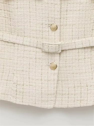 Women Crew Neck Tweed Blazer with Belt Long Sleeve Front Buttons Outerwear Office Casual Coat4
