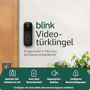 Blink Videotürklingel | Einzelgerät | Kopf-bis-Fuß-Aufnahme in HD, 2 Jahre Batterielaufzeit, IP65, Funktioniert mit Alexa, Erforderliches Sync-Modul nicht enthalten – Schwarz