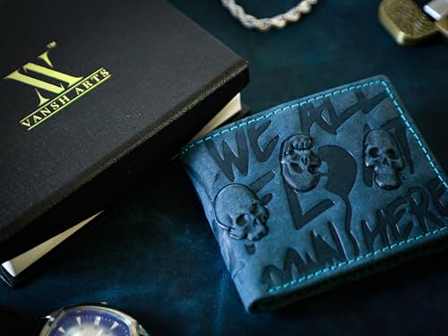 Leather Wallets For Men- 3D Embossed Skulls Pattern Design Bifold Vintage Distressed Genuine Leather Wallet With Two Cash Pockets And Six Card Slots (Blue)4
