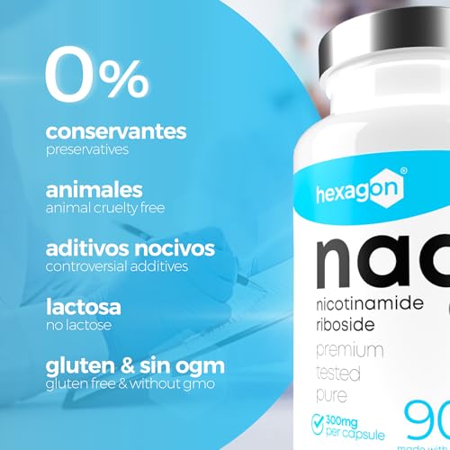NAD+ Nicotinamide Riboside Chloride 300mg - +3 Meses de Cura - Contra la Edad y la Fatiga, NAD Booster - Polvo Puro, 90 Cápsulas - Grado Farmacéutico - Vegano - Hexagon