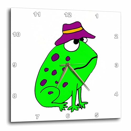 3dRose dpp_200512_1 Funky Green Frog Wearing Purple Hat-Wall Clock, 10 by 10-Inch