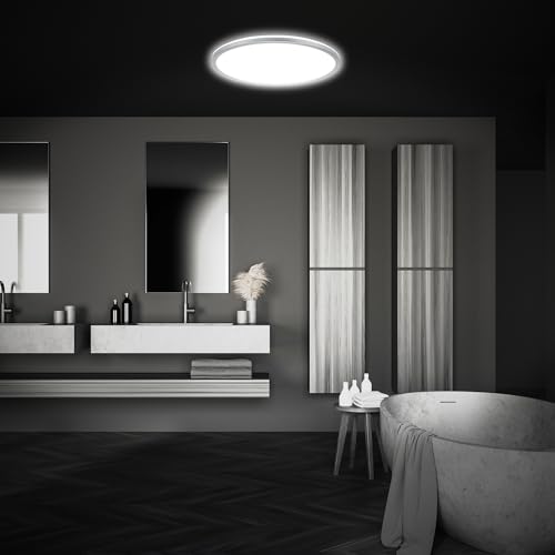BRILONER LED Deckenlampe mit indirektem Licht, Flach, IP44 Spritzwasserschutz, Panel für Badezimmer, Küche, Feuchtraum, 29x4cm (DxH), Chrom matt