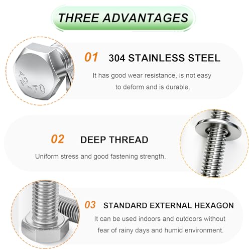Image of 10 Sets 5 /16-18x2 inch Stainless Steel Hex Head Screws Bolts, Nuts, Flat & Lock Washers,18-8(304) Full Thread