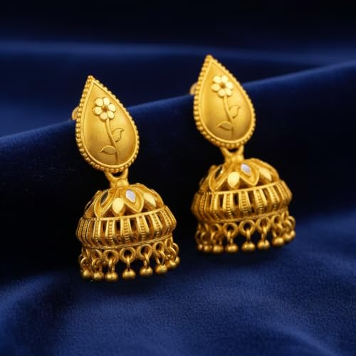 Image of DEW MAT Gold Plated Traditional Jhumka Earrings Combo | Floral Drop & Big Jhumki Set with Matte Finish | South Indian Ghungroo Screw Back Studs Meenakari Jhumki Earrings Set for Women