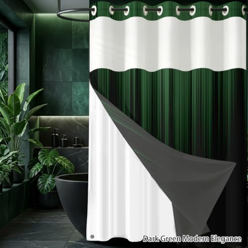 Image of AAtter No Hook Shower Curtain Set, Green Black Snap-in Liner, 72x75 Inch