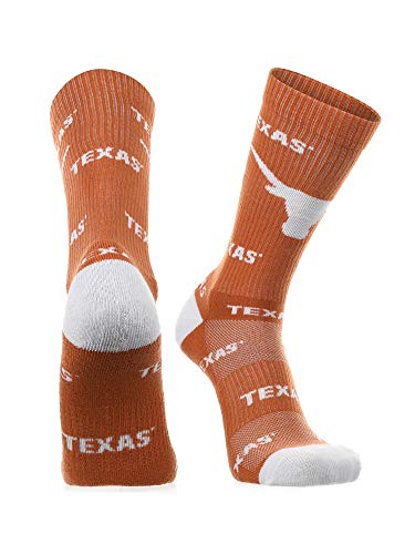 TCK Texas Longhorns Crew Socks - Mens & Womens NCAA Fan Apparel - Mayhem (Burnt Orange/White Imported Large)