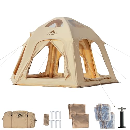 ADRIFT Large Inflatable Camping Tents - Durable Canvas Blow-Up Tent for 2/4/8 Adults, Easy Setup Glamping Dome with Pump, 2 Rooms, Waterproof Hot Tent with Stove Jack