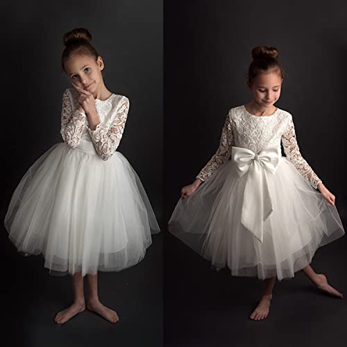 Flower Girl Dress Long Sleeves Lace Top Tulle Skirt Girls Lace Party Dresses (Size 6,White) #TOP3