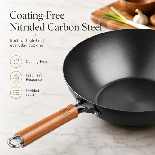 VIVIDCOOKWARE Carbon Steel Wok Pan with Lid, 9.4 Inch Deep Flat Bottom Wok, Coating-Free Carbon Steel Pan for Stir Fry, Soup, Noodles, Braising & Boiling, Small Induction Wok with Wooden Handle — view 4