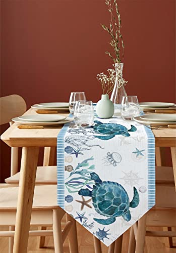 Coffee Table Runner - 48 Inches Long, Ocean Turtle Dresser Scarf Dining Tabletop Décor for Kitchen/Farmhouse/Holiday, Blue Summer Beach Nautical Coastal Starfish Coral - Image 3