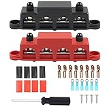 TIHOOK 250 Amp Sammelschienen Verteilerblock, 4 x M8 BusBar Box, 12V-48V DC Klemmenbolzen Hochleistungsmodul, Stromverteilerblöcke für Auto RV Boat Yacht(Rot+Schwarz)
