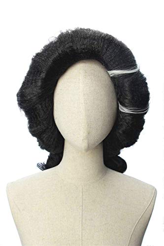 CosplayWigsCom: Imelda Rivera of Coco Inspired Black Pincurl Wig with White Streaks Prestyled Cosplay Hair for Women and Teens