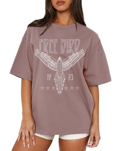 MAPICK Women Oversized Free Bird T-Shirts Vintage Eagle Graphic Short Sleeve Tees Casual Band Music Country Concert Clothing