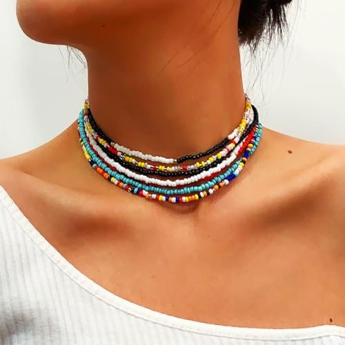 ACEDRE Boho Layered Beaded Necklaces Colorful Beads Choker Necklace Handmade Cute Chokers Set Beach Adjustable Neck Jewelry for Women(7PCS)3
