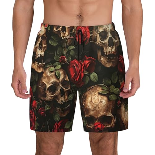 Skull and Red Rose Mens Double Polyester Swimsuit Trunks Swim Shorts with Compression Liner and Patch Pocket.