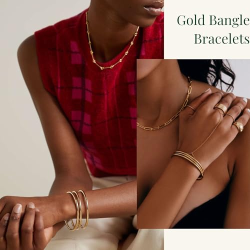 Kainier 3mm 14K Gold Plated Bracelet Stainless Steel Glossy Stackable Thin Round Bangle Bracelet for Women Solid Plain Polished Bracelet Best Gifts for Love3